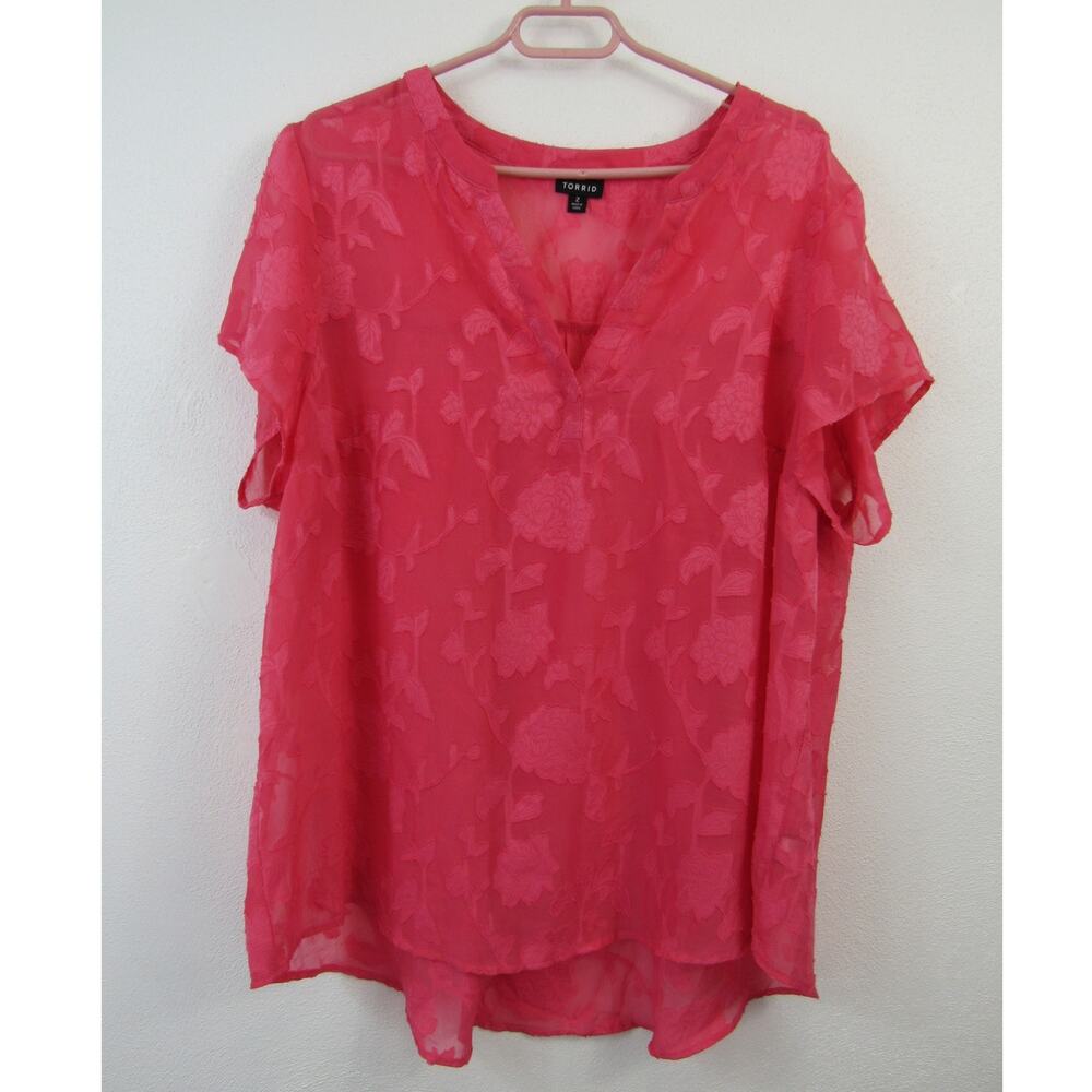 Torrid 2X Hot Pink Semi Sheer Floral Lace Short Sleeve Blouse V-Neck